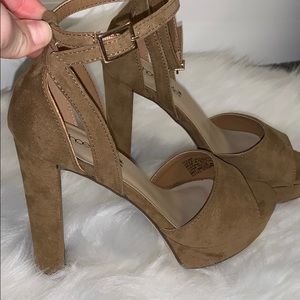 SHOEDAZZLE TAN SUEDE STRAPPY HIGH HEELS